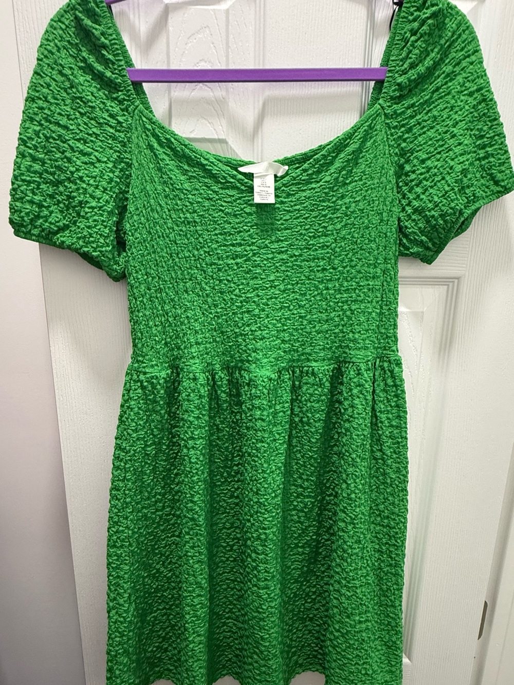H&M Emerald Green Textured Puff Sleeve Mini Dress